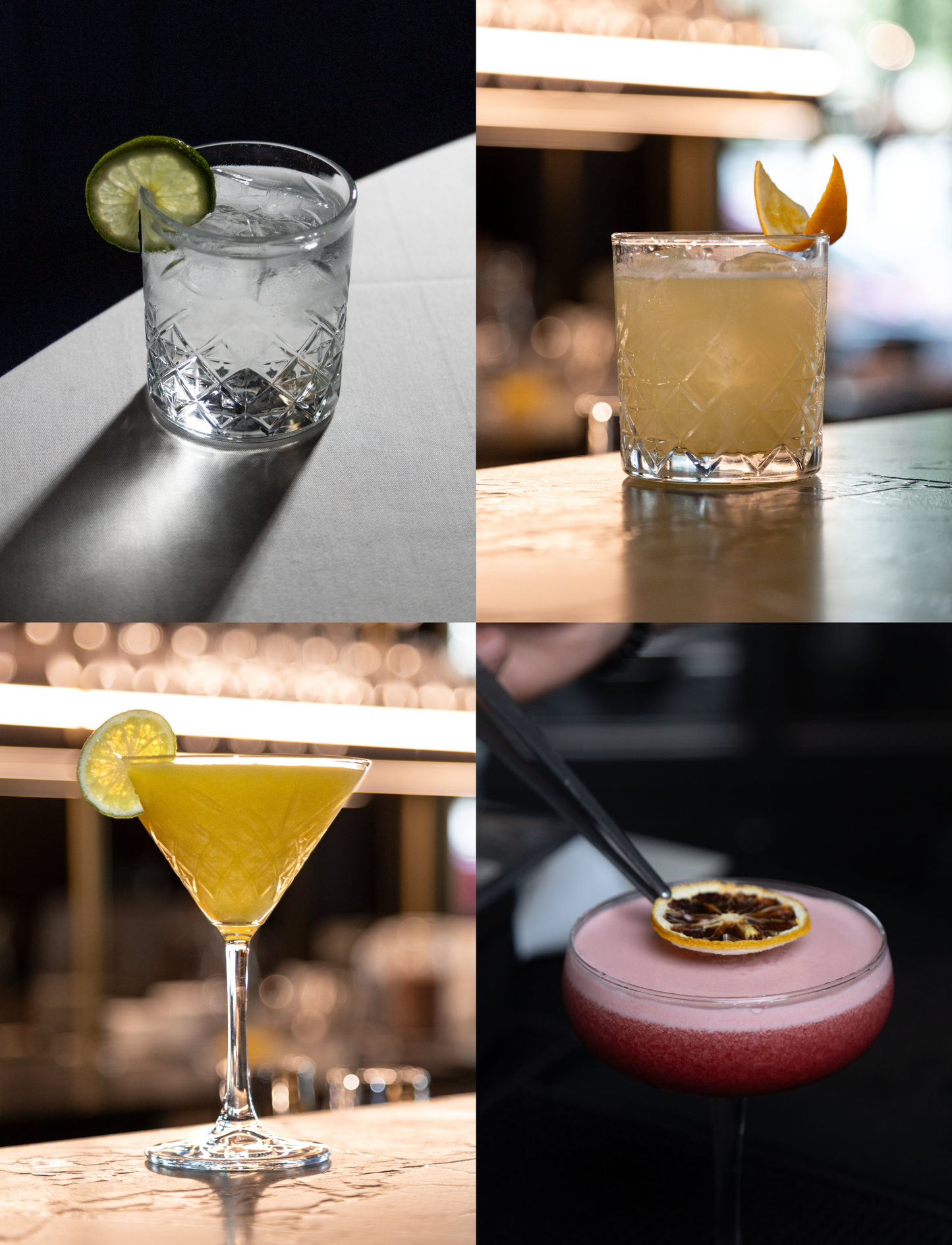 Vier Varianten von The Lion Gin in einer 2×2-Fotocollage: klarer Gin Tonic mit Limette, gelber Gin-Cocktail mit Orange, roter Gin-Cocktail mit getrockneter Zitrone, gelber Gin-Cocktail in Martini-Glas mit Limette.